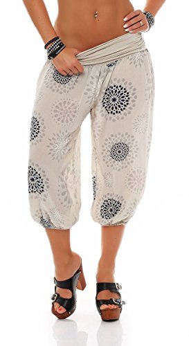 Malito - Damen Haremshose kurz mit Print - Pumphose aus Baumwolle - Leichte 3/4 Stoffhose - Pluderhose zum Tanzen, Chillen & Yoga - knielange Capri Hose 7182 (Beige) von malito more than fashion