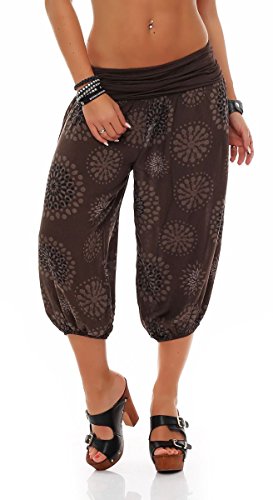 Malito - Damen Haremshose kurz mit Print - Pumphose aus Baumwolle - Leichte 3/4 Stoffhose - Pluderhose zum Tanzen, Chillen & Yoga - knielange Capri Hose 7182 (Dunkelbraun) von malito more than fashion