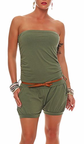 Malito – Damen Jumpsuit kurz – Einteiler mit Gürtel – Bandeau Overall für den Sommer – trägerloser Playsuit für Frauen 8964 (Oliv) von malito more than fashion