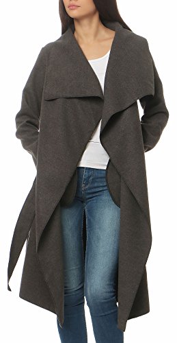 malito Damen Mantel lang mit Wasserfall-Schnitt | Trenchcoat mit Gürtel | weicher Dufflecoat | Parka - Jacke 3040 (dunkelgrau) von malito more than fashion