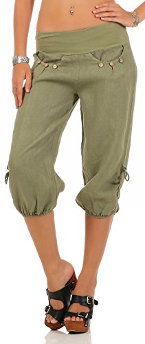 Malito Damen Capri Hose aus Leinen | Stoffhose in Unifarben | Freizeithose für den Strand | Chino - Kurze Hose 6302 (Oliv, L) von malito more than fashion