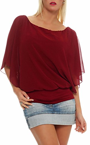 Malito – Damen Bluse im Fledermauslook – Kurzarm Chiffon Tunika – Oversize Blusenshirt mit Jerseytop – Shirt 6296 (Bordeaux) von malito more than fashion