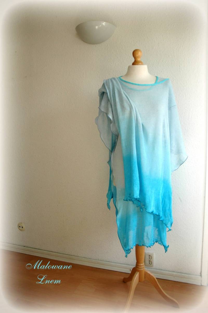 Handgefärbte Leinen Tunika Türkis Blaues Sommer Strick Top von malowanelnem