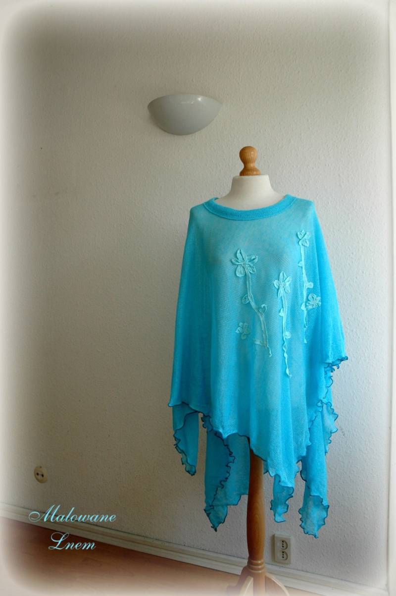 Handgefärbter Türkiser Leinen Poncho Gestrickte Sommerüberwurf von malowanelnem