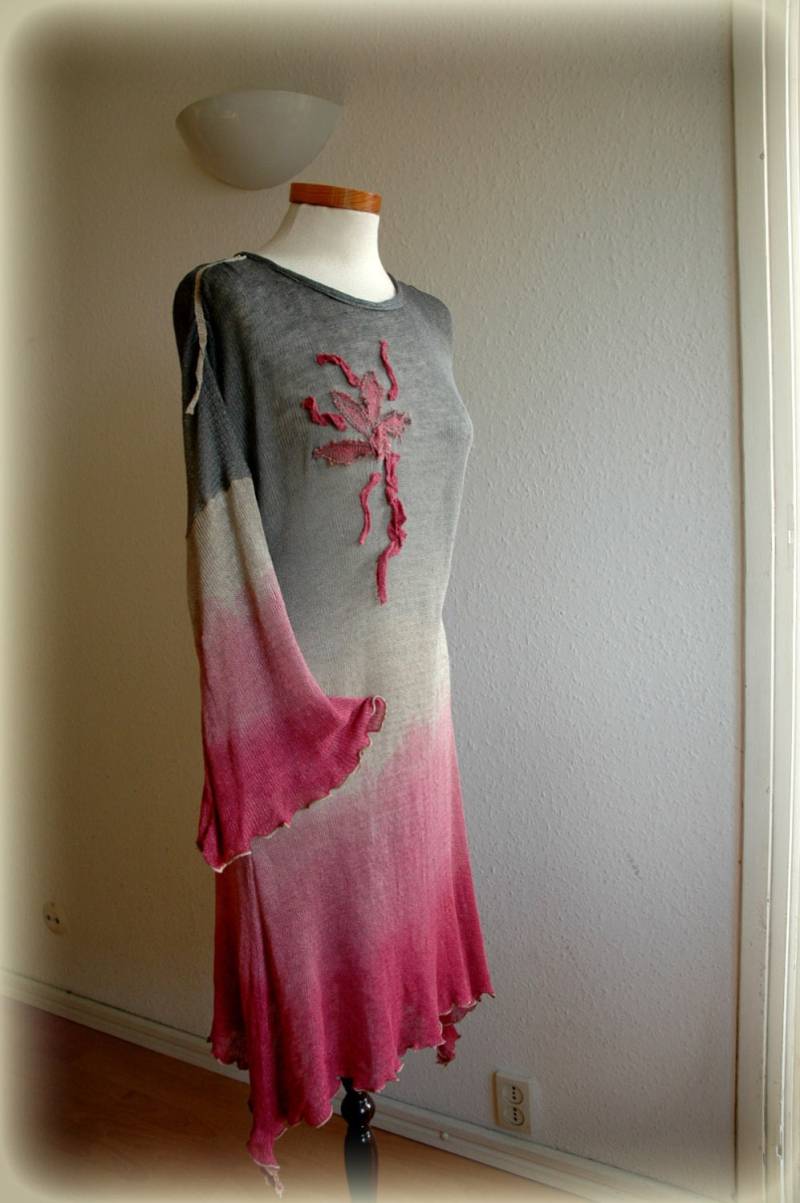 Handgefärbtes Leinen Tunika Kleid Gestrickter Kimono Kurzarm von malowanelnem