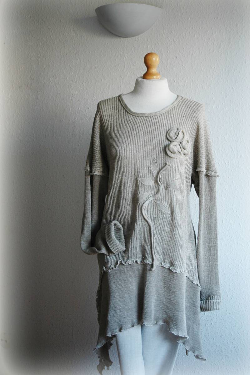 Handgemachte Leinen Pullover Tunika Boho Grau Strick Top von malowanelnem