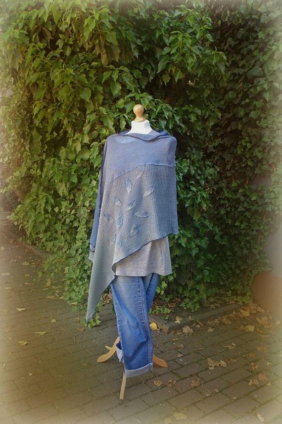 Leinen Poncho Blauer Strick Pullover Zum Wickeln, Boho Cape von malowanelnem