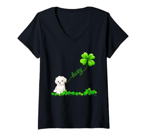 Damen Irish Lucky with Malteser T-Shirt Malteser Liebhaber Shirt Hund T-Shirt mit V-Ausschnitt Damen Irish Lucky with Malteser T-Shirt Malteser Liebhaber Shirt Hund T-Shirt mit V-Ausschnitt von maltese Shamrock St Patrick's Day