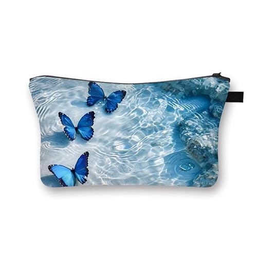 Kosmetiktasche Blauer Schmetterling Schminktasche Tragbare Reise Kosmetiktasche Set,Klein Niedliche Vielseitige Geldbörse Klein, Kosmetiktasche Damen,Reißverschlusstasche Kosmetik Tasche von malxlaw