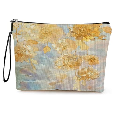 Kosmetiktasche Goldene Blumen Schminktasche Tragbare Reise Kosmetiktasche Set,Klein Niedliche Vielseitige Geldbörse Klein, Kosmetiktasche Damen,Reißverschlusstasche Kosmetik Tasche von malxlaw