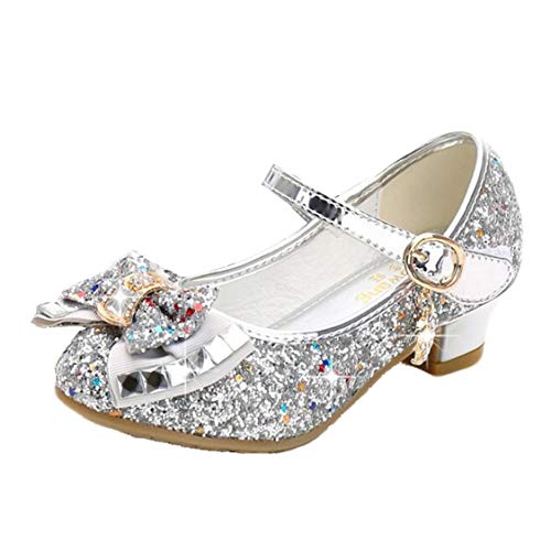 mama stadt Prinzessin Schuhe Mädchen Glitzer Schuhe Kinder Stöckelschuhe Mädchen Pailletten Prinzessin Cosplay Schuhe Partys Hochzeiten Klett Sandalen Elegante Mädchen Schuhe mit Absatz, Silber/ 27 von mama stadt