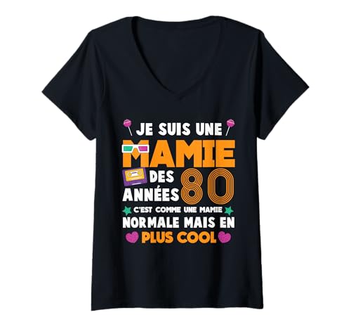 Damen Humor Oma Kostüm Retro Jahr 80er Brille Kassetten T-Shirt mit V-Ausschnitt Damen Humor Oma Kostüm Retro Jahr 80er Brille Kassetten T-Shirt mit V-Ausschnitt von mamie fan années 80 nostalgie style 80's