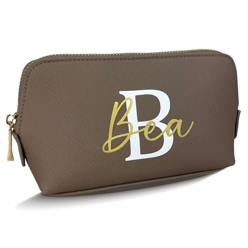 Kosmetiktasche personalisiert Initial + Name, Schminktasche, Kulturtasche für Damen, Handtasche, Geschenk Frauen, Schminke Beauty Make-Up (Taupe, klein) von mamir home