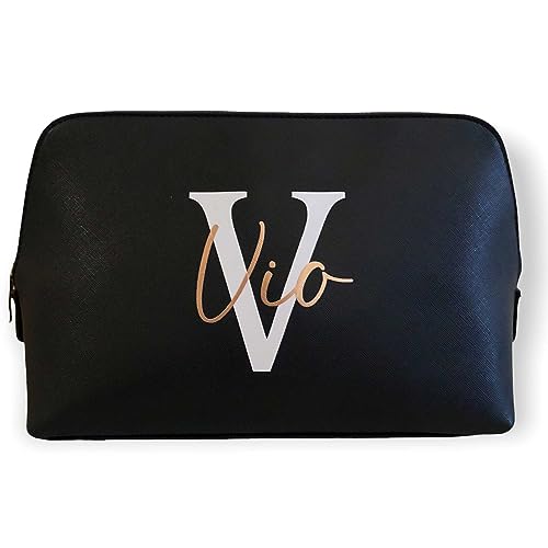 Kosmetiktasche personalisiert Initial + Name, Schminktasche, Kulturtasche für Damen, Geschenk Frauen Geburtstag Weihnachten Schminke Beauty Make-Up (groß, schwarz) von mamir home