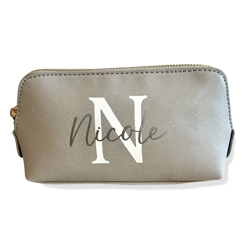 Kosmetiktasche personalisiert Initial + Name, Schminktasche, Kulturtasche für Damen, Handtasche, Geschenk Frauen, Schminke Beauty Make-Up (klein, grau) von mamir home