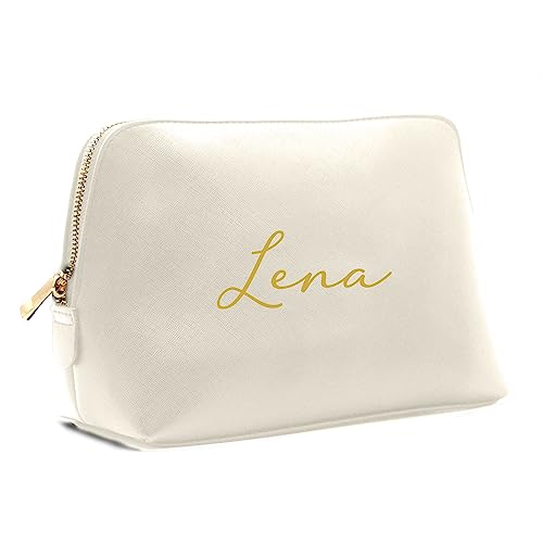 Kosmetiktasche personalisiert Name, Schminktasche, Kulturtasche für Damen, Geschenk Frauen, Schminke Beauty Make-Up, Brautjungfer, Mädchen Geburtstag (L, Creme) von mamir home