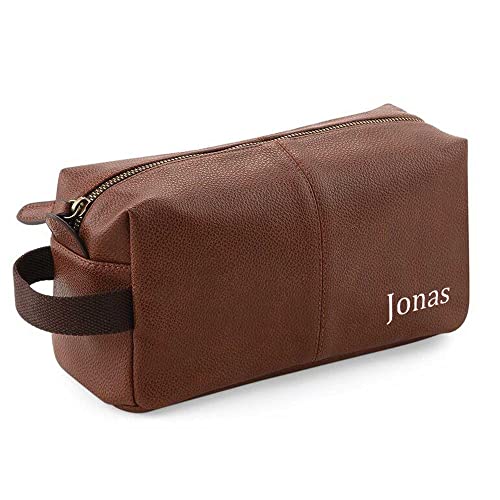 Kulturtasche Männer - personalisierte Geschenke mit Name - Vatertag Geburtstagsgeschenk Reisetasche zum aufhängen Kunstleder braun von mamir home