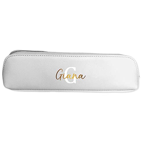 Pinseltasche personalisiert Initial + Name, Schminktasche, Kulturtasche für Damen, Handtasche, Geschenk Frauen, Schminke Beauty Make-Up Kosmetiktasche (lang, grau) von mamir home