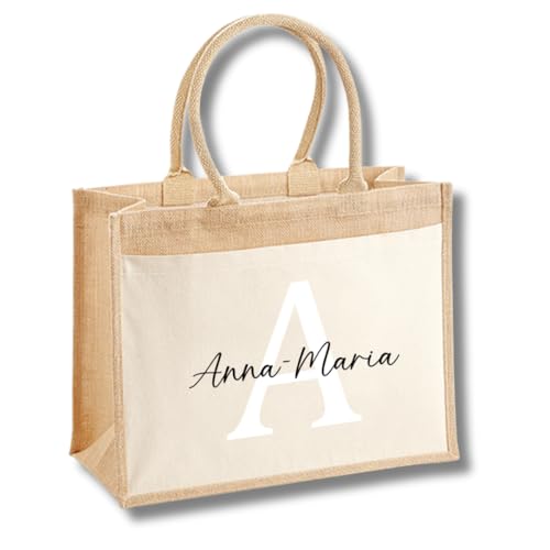 mamir home Große personalisierte Einkaufstasche | Jutetasche mit Initiale & Name | Nachhaltiges Geschenk für Mama, Freundin & Kollegin (Initial+Name, GROSS) von mamir home