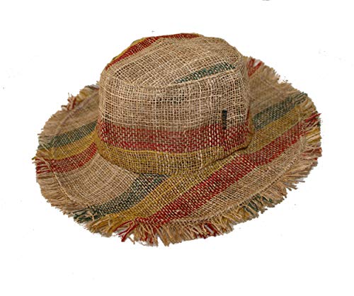 Hanf-Sonnenhut mit Draht, breite Krempe, Bauernhut mit ausgefransten Kanten, Rohhanf, Naturstroh, Sommer-Hippie-Hut, Bunt, 7 3/4 / 8 von manakamana