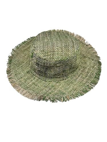 Hanf-Sonnenhut mit Draht, breite Krempe, Bauernhut mit ausgefransten Kanten, Rohhanf, Naturstroh, Sommer-Hippie-Hut, Grün , 7 3/4 / 8 von manakamana