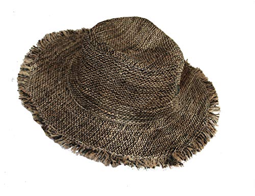 Hanf-Sonnenhut mit Draht, breite Krempe, Bauernhut mit ausgefransten Kanten, Rohhanf, Naturstroh, Sommer-Hippie-Hut, Schwarz, 7 1/8-7 3/4 von manakamana