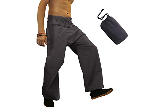 Thailändische Fischerhose, Yogahose, einfarbig, für Herren/Damen, 100 % Baumwolle, Grau, Blau, Einheitsgröße von manakamana