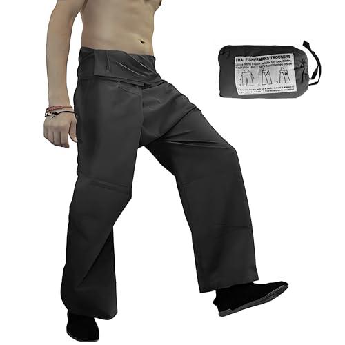 Thailändische Fischerhose, Yogahose, einfarbig, für Herren/Damen, Thai-Wickelhose, 100 % Baumwolle, Schwarz, Einheitsgröße von manakamana