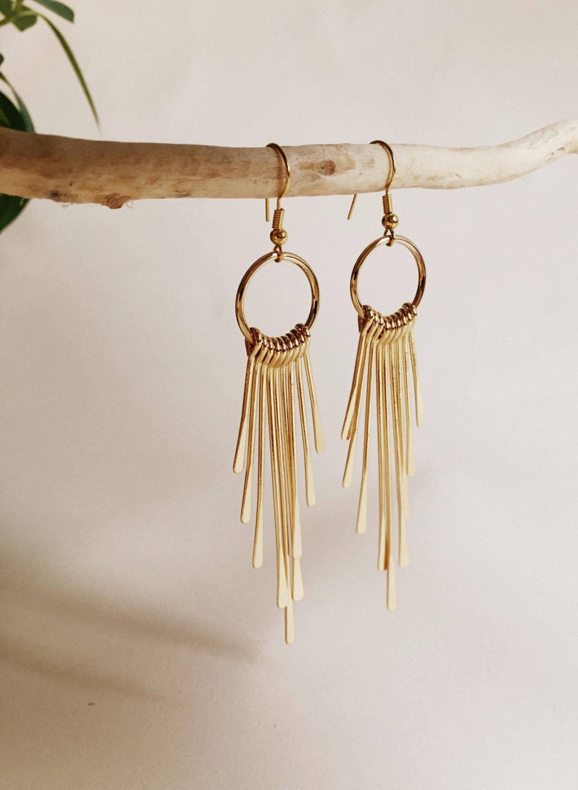 18K Vergoldete Boho Ohrringe Mit Langen Tropfen Hippie Statement Ohrschmuck Golden Geschenk Ohrhänger Festival Schmuck Messing von mangosonmymind