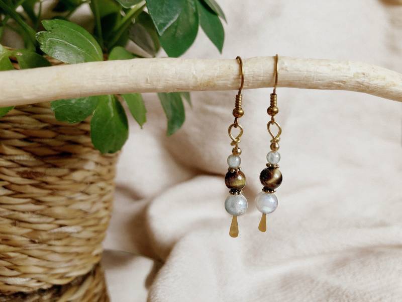 Boho Ohrringe «Lilly» Mit Edelstein-Perlen Labradorit Tigerauge Messing Hippie Statement Schmuck Muttertag Festival Sommer von mangosonmymind