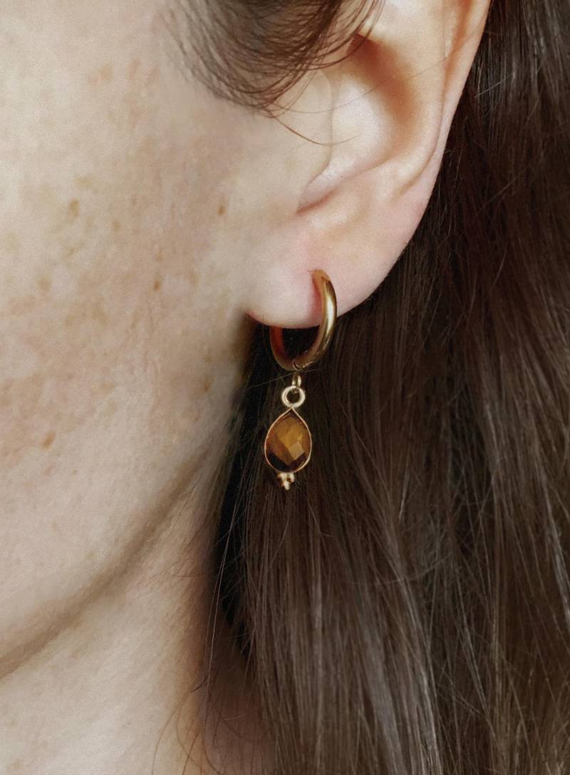 Goldene Creolen Mit Tigeraugen Anhänger - Mini Hoops Edelstein Schmuck Edelstahl Boho Chic Stil von mangosonmymind