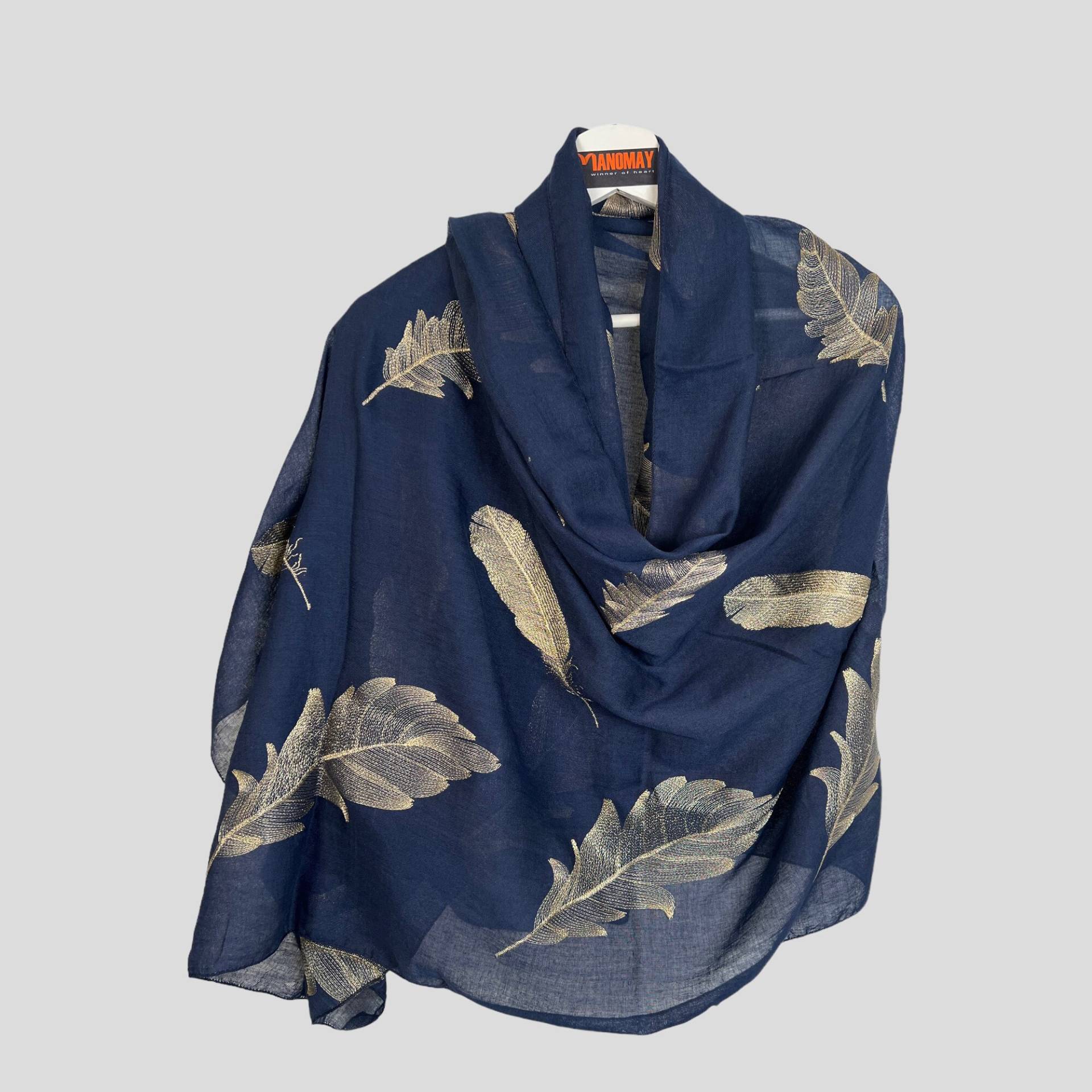 Hand Bestickter Schal-Navy Blue Farbe/ Federn/Blätter Druck/Herbst Schal/Frauen Schals Geschenke Für Sie Accessoires Handgemacht Hand Bestickter Schal-Navy Blue Farbe/ Federn/Blätter Druck/Herbst Schal/Frauen Schals Geschenke Für Sie Accessoires Handgemacht von manomaydesign