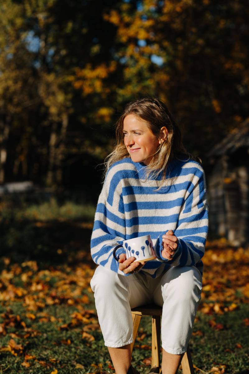 Alabama Pullover, Gestreifter Blauer Alpaka-Wollpullover, Übergroßer Loose Fit Unisex Wollpullover, Herren Pullover von mantaikotai