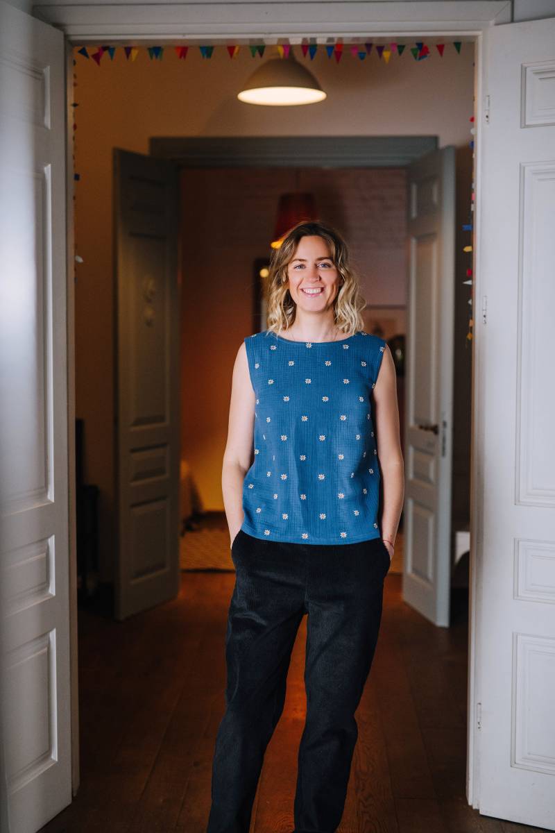 Astra Top, Doppel Gaze Baumwoll Frauen Blau Floral Sommer Baumwollbluse, Musselin Kleidung, Bio Baumwolle Limitiert von mantaikotai