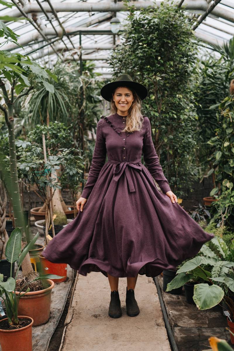 Daisy Kleid, Frauen Leinen Boho Urlaubs Hochzeit Rüschen Pflaume Handgemacht von mantaikotai