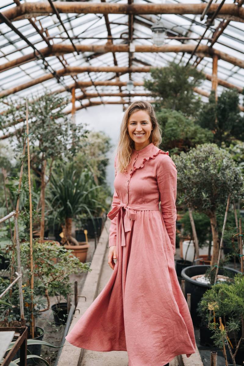 Daisy Kleid, Frauen Leinen Boho Urlaubs Hochzeit Rüschen Rosa Handmade von mantaikotai