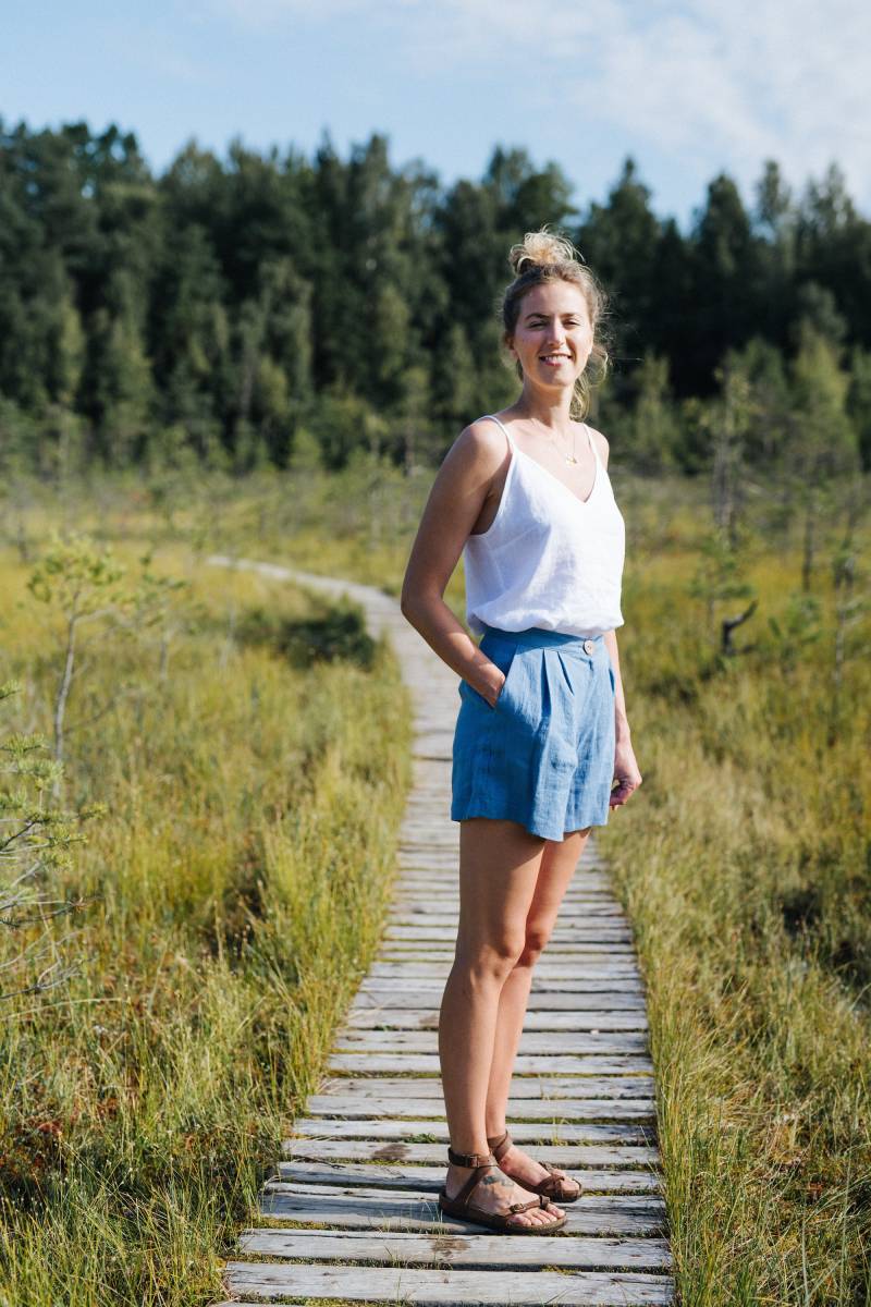 Leinen Shorts - Hohe Tailles Blaue Sommer Strand Damen von mantaikotai