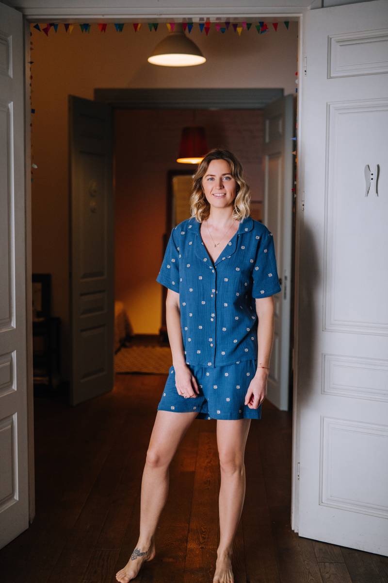 Lima Schlafanzug, Double Gauze Pyjama, Sommer Floraler Blauer Frauen Weicher Und Gemütlicher Musselin Shorts, Bluse von mantaikotai