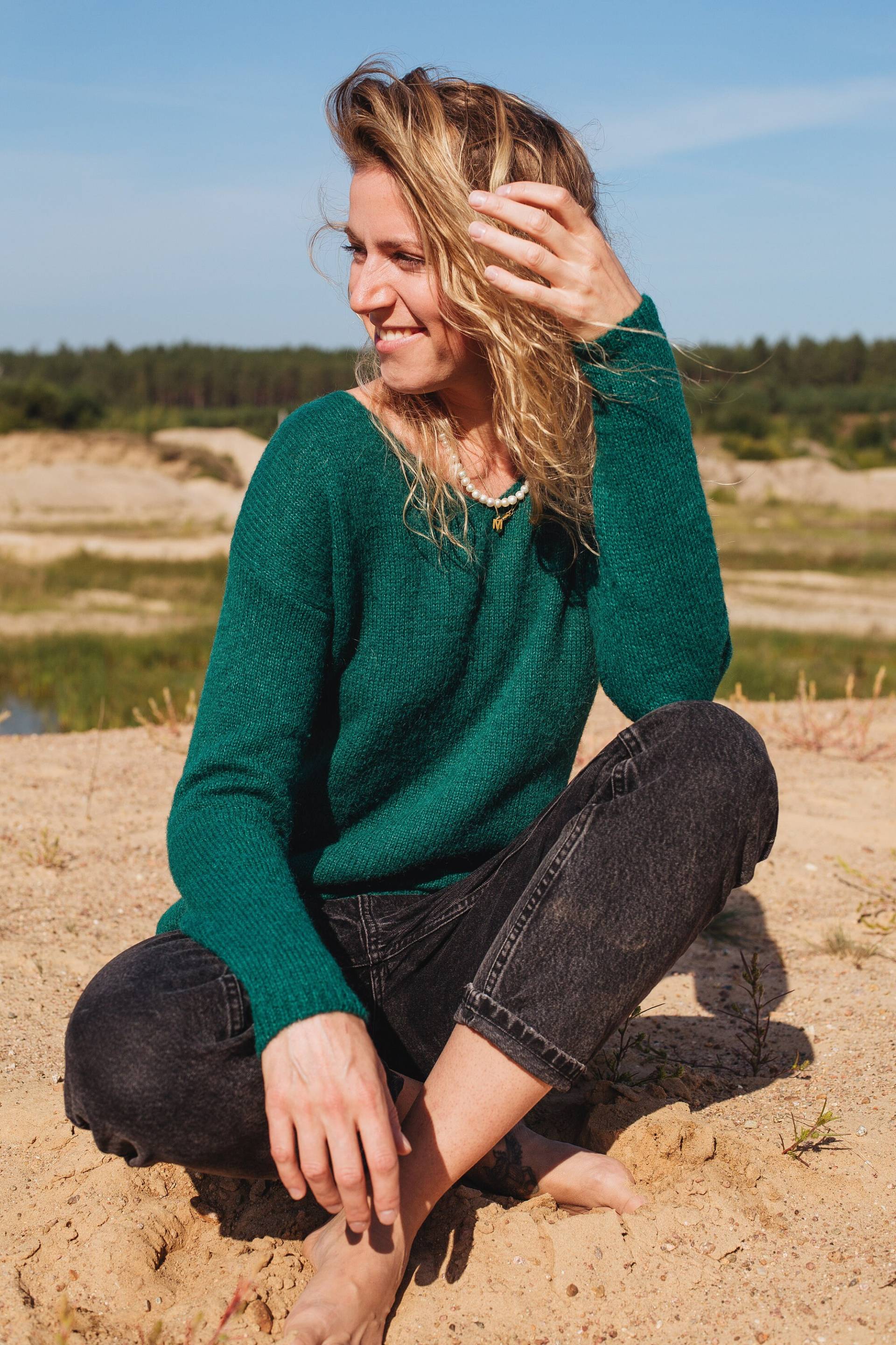 Madeira Pullover, Alpaka Wollpullover, Handgestrickter Damen V-Ausschnitt Winter Grüner Wollpullover von mantaikotai