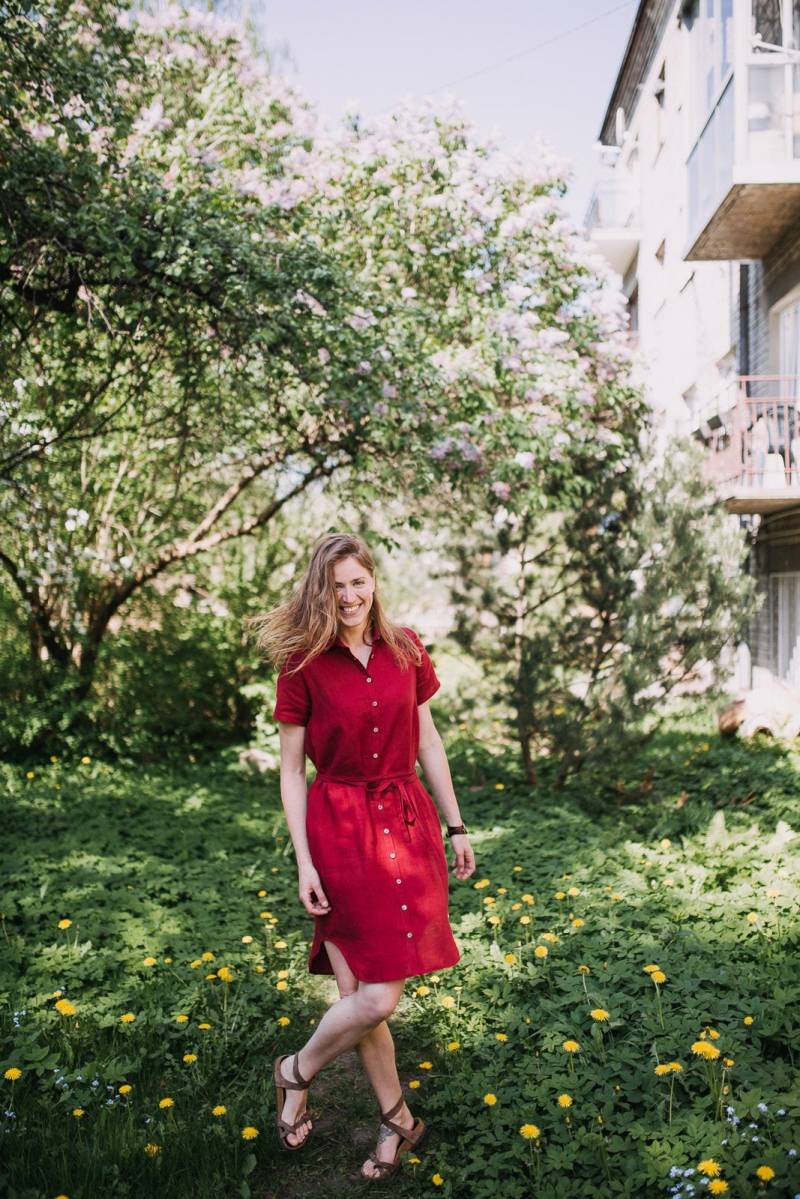 Roma Kleid - Leinenhemd Lockeres Leinenkleid Bordeaux Kurzarm Leinen Tunika Umstandskleid Sommerkleid von mantaikotai