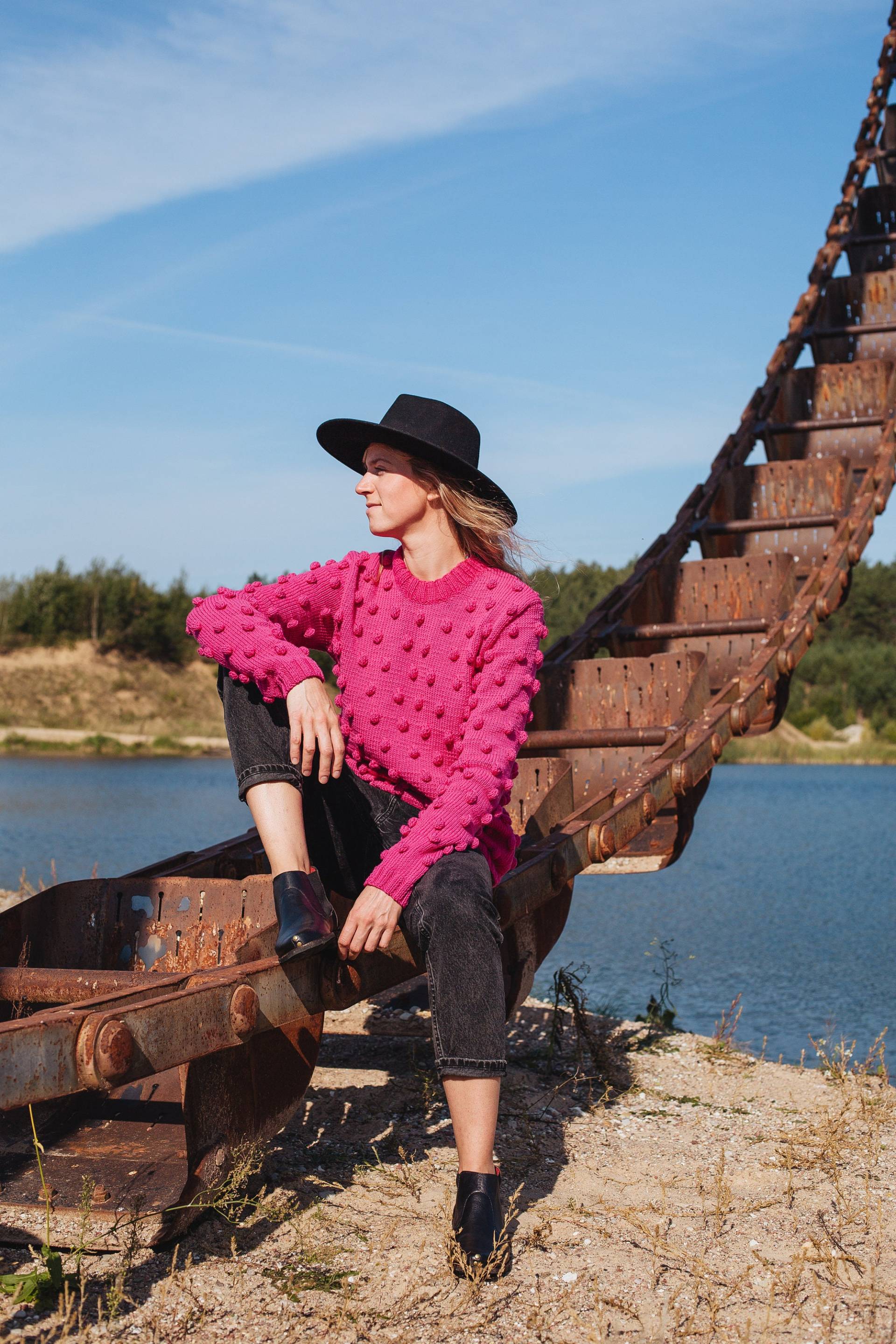 Sizilien Pullover, Pom Polka Dots Rosa Wolle Pullover Mit Punkten, Merino Winter von mantaikotai