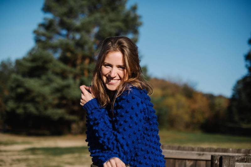 Sizilien Pullover - Pom Blau Mit Punkten Merino Wolle Winter Handgemachte von mantaikotai