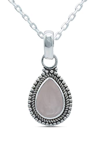 mantraroma Kettenanhänger 925 Silber Rosenquarz rosa Stein Edelstein Kettenanhänger Damen Sterling Silber Halskette Anhänger Geschenk (AK1-065-07-40) von mantraroma