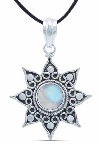mantraroma Kettenanhänger 925 Silber Mondstein weißer Stein schimmer Edelstein Kettenanhänger Damen Sterling Silber Halskette Anhänger Geschenk (MAH-061-04) von mantraroma
