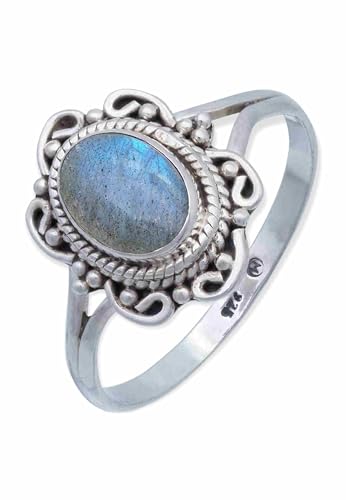 mantraroma Damen Ring 925 Silber Labradorit Edelstein blau ausgefallen verspielt von mantraroma