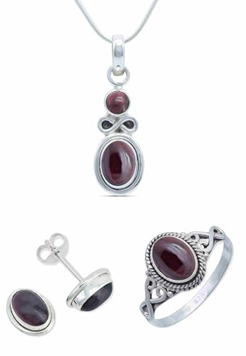 Schmuckset echt 925 Silber mit Granat- Ring Kette Ohrringe in passendem Design (SET-005-02-52-55) von mantraroma