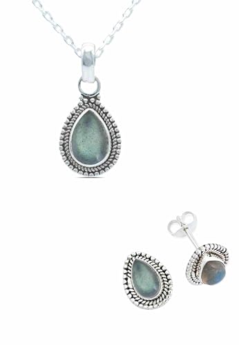 Schmuckset echt 925 Silber mit Labradorit - Kette und Ohrringe in passendem Design (SET-002-05-40) von mantraroma
