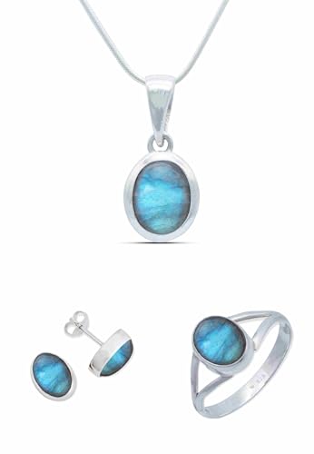Schmuckset echt 925 Silber mit Labradorit - Ring Kette Ohrringe in passendem Design (SET-016-05-62-50) von mantraroma