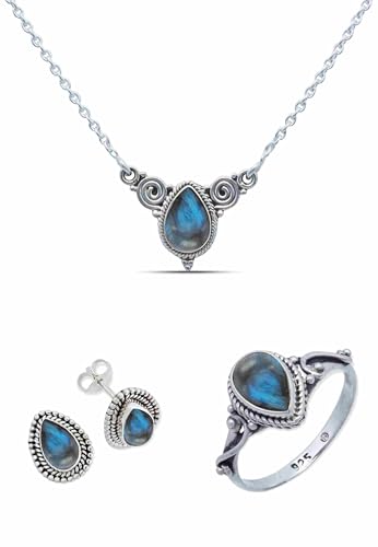 Schmuckset echt 925 Silber mit Labradorit - Ring Kette Ohrringe in passendem Design (SET-021-05-50) von mantraroma