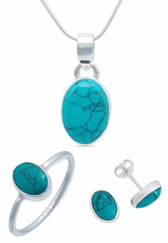 Schmuckset echt 925 Silber mit Türkis - Ring Kette Ohrringe passend in schlichtem Design (SET-024-15-54-45) von mantraroma